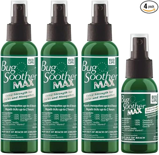 Bug Soother MAX - Extra Strength Natural Gnat, Tick, and Mosquito Repellent, 3 Pack 4 fl oz w/Free 1 oz. Bug Spray Deterrent - DEET Free - Safe for Adults & Environment - Made in USA