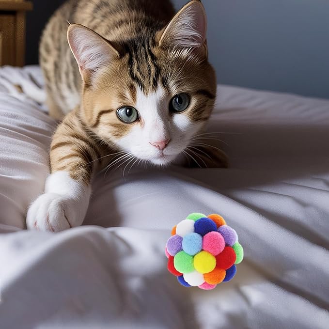 9PCS Cat Toy Balls, 1,75'' Soft Pom Pom Balls for Kittens, Colorful Soft Fuzzy Balls for Cats, Interactive Playing Chewing Toys for Indoor Cats and Kittens, Cute Kitten Kitty Toys