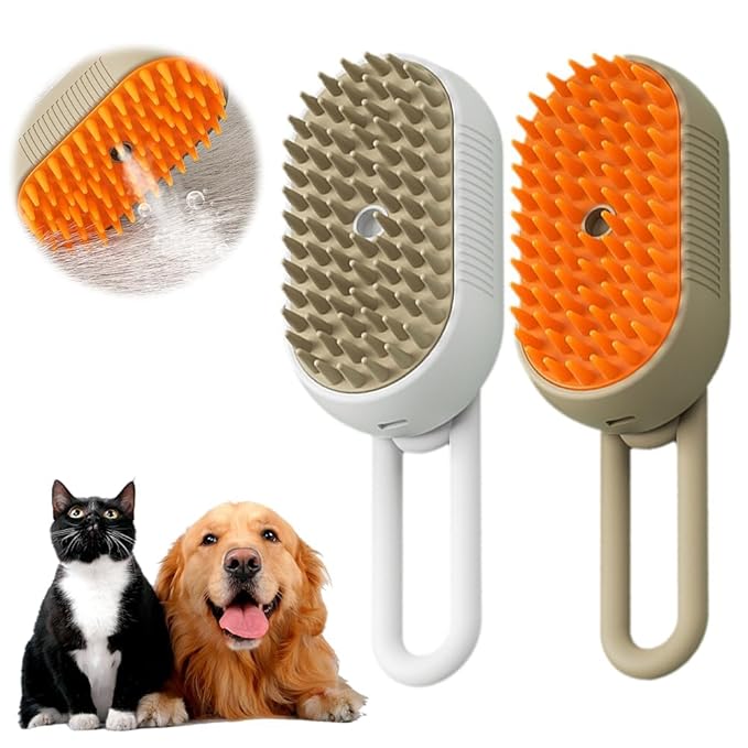 Cat Steam Brush for Shedding, 2025 New 3 in 1 Cat Brushes for Indoor Cats, Pet Steam Groomer Comb, Hair Water Brush Hair Removal Comb for Cats Dogs (Khaki+White)