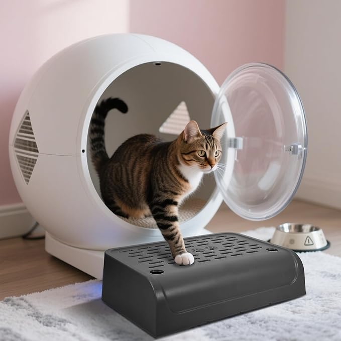 Cat Ramp for Litter Box Step, Stainless Steel Automatic Litter Box Ramp Cat Steps Mat with Filter Function, Double Layered Self Cleaning Cat Stairs with Storage Space for Litter Catcher (Black)