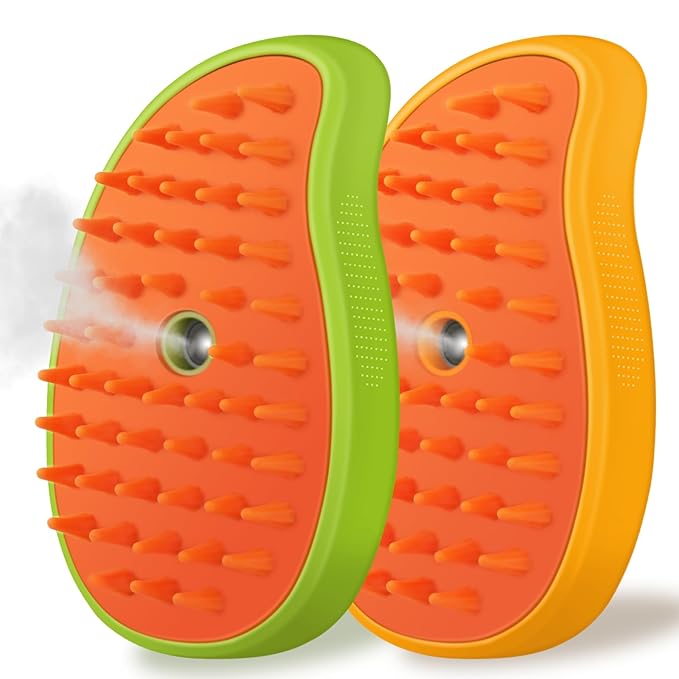 Cat Steam Brush, 3 in 1 Pet Steamy Brush, Silicone Grooming Comb with Steam, Pet Hair Remover Misting Comb for Indoor Cats Dogs(Mango Yellow/Green)