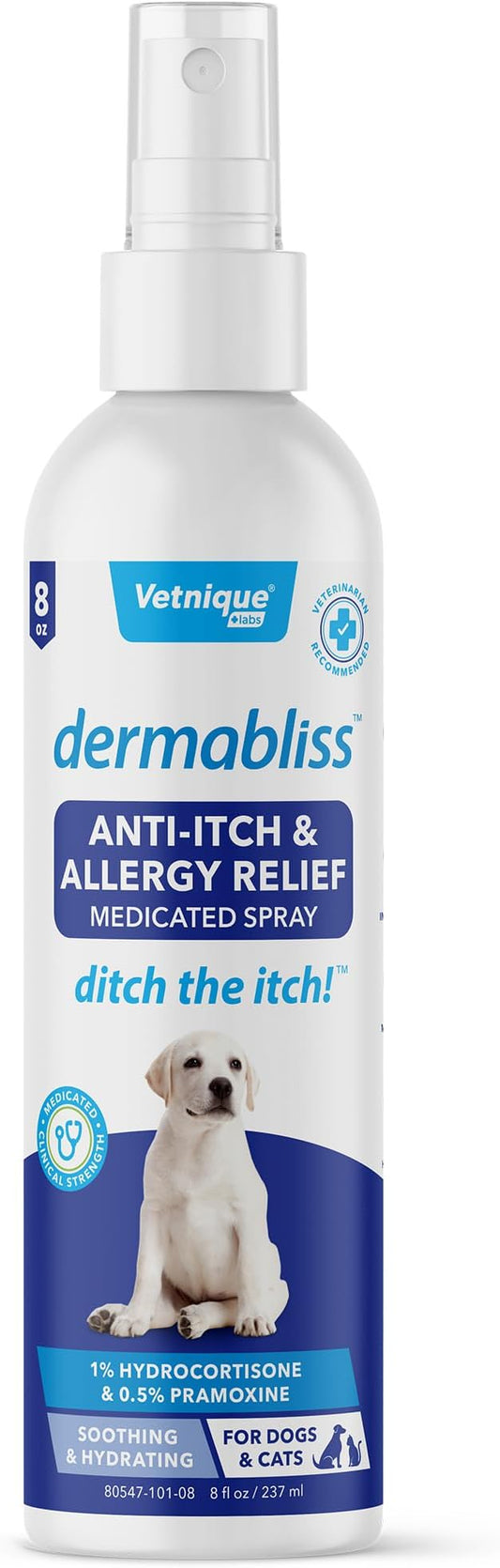 Vetnique Dermabliss Anti Itch Spray for Dogs & Cats with Hydrocortisone for Allergies and Immediate Dog Itching Skin Relief - Fragrance Free with Soothing Oat Extract (8oz)