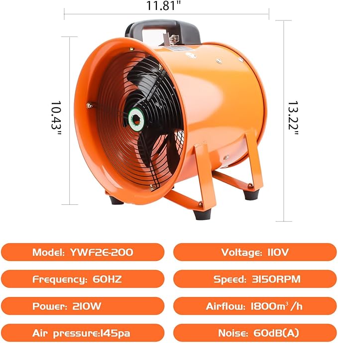 8-Inch High-Velocity Portable Utility Blower Fan, Industrial Exhaust Fan with 16.4ft Flexible Duct Hose, 3150 RPM Low-Noise Ventilator for Basements, Workshops, Warehouses, and Confined Spaces