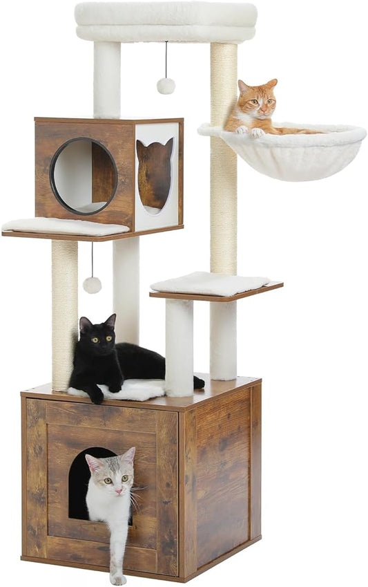 PEQULTI 57.5" Cat Tree with Litter Box Enclosure Large, Wood Cat Tower for Indoor Cats with Storage Cabinet and Cozy Cat Condo, Sisal Covered Scratching Post and Repalcable Dangling Balls, Brown
