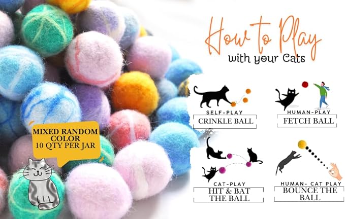 Felt Wool Cat Toys Ball with Catnip and Bell, Natural Handmade cat Toys Ferret Toys cat Gift Basket (Felt Wool Mixed in Jar)