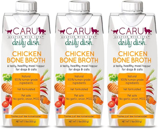 Caru - Daily Dish Chicken Bone Broth Meal Topper for Dogs & Cats - Savory Pour-Over Broth - 3 Pack