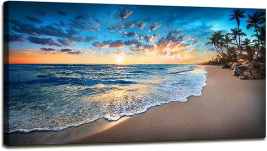 Jiuqinghua Canvas Prints Wall Art Blue Beach Ocean Landscape Paintings 1 panel Sunset Sea Waves Wall Decor Pictures Stretched and Framed for Living Room Bedroom and Office Decor Artwork 30x60inch