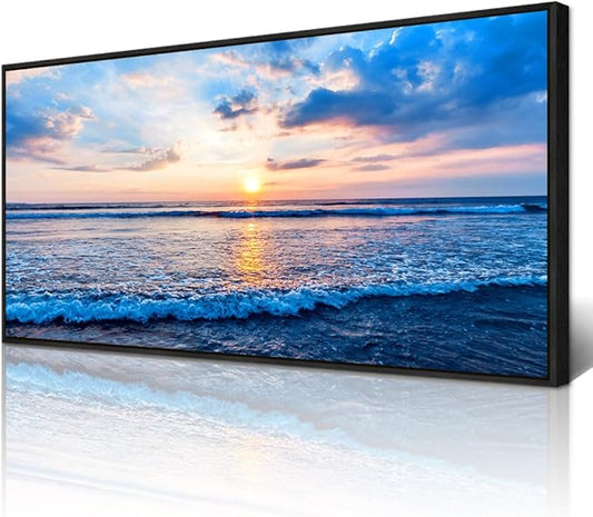 Wapluam Large Canvas Prints Wall Art For Living Room Office Wall Decor Blue Beach Sea Waves Landscape Wall Painting Bedroom Home Decorations Pictures Ready To Hang Wall Mural Black Framed Artwork
