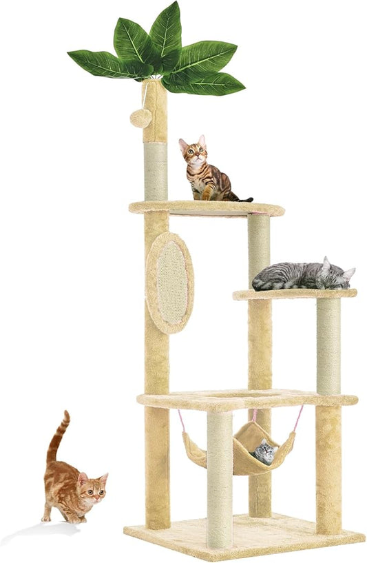 55 Inch Large Cat Tree Tower for Indoor Cats with Hammock Green Leaves Sisal Scratching Post, Plush Hang Ball Play Furniture for Kittens & Adult Cats, New Beige
