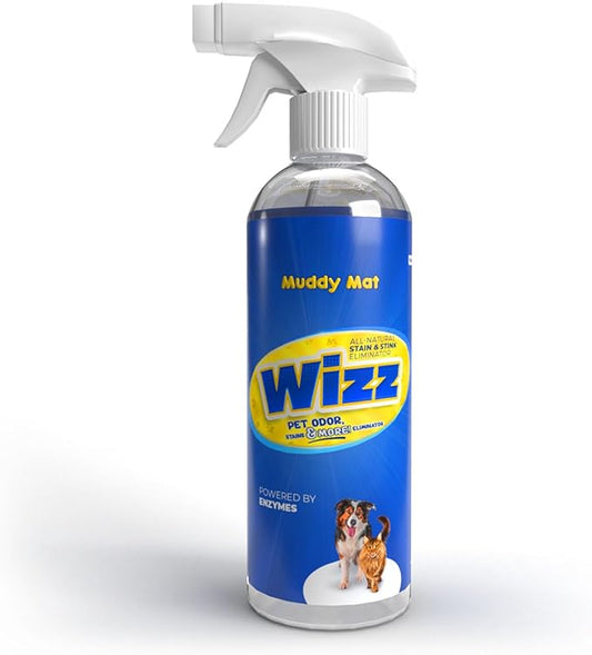 Muddy Mat® Wizz Stain & Odor Remover for strong odor of Cat & Dog Pee Cleaner, Pet urine odor eliminator, Remove strain and Odor from carpets, fabric, clothing, furniture & Pets - 24oz Spray