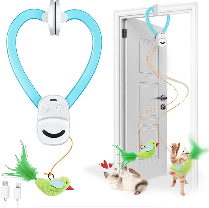 Interactive Cat Toys for Indoor Cats Automatic Electric Flying Bird Feather Wand Toy - Best Kitten & Adult Cat Enrichment Stimulation Toy Hanging Electric Kitty Toys for Bored Cats（Blue White）