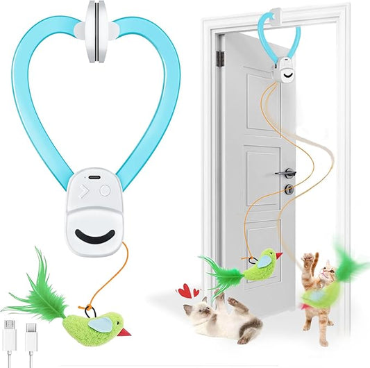 Interactive Cat Toys for Indoor Cats Automatic Electric Flying Bird Feather Wand Toy - Best Kitten & Adult Cat Enrichment Stimulation Toy Hanging Electric Kitty Toys for Bored Cats（Blue White）