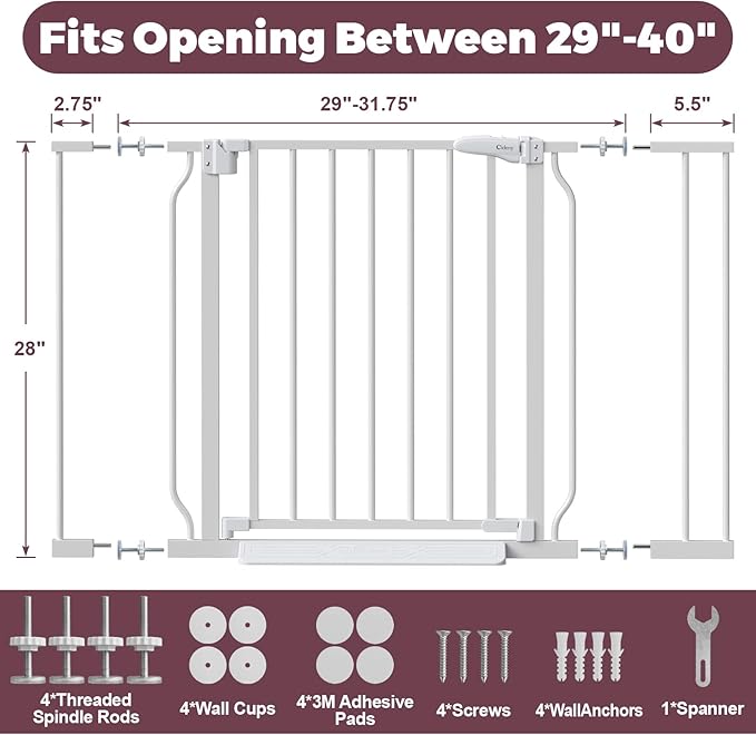 29"-40" Baby Gate for Stairs, Auto Close Stroller Friendly Dog Gate Indoor for Doorways, Pressure Mounted Baby Gate, Easy Walk Through Gate for Children & Pets, White