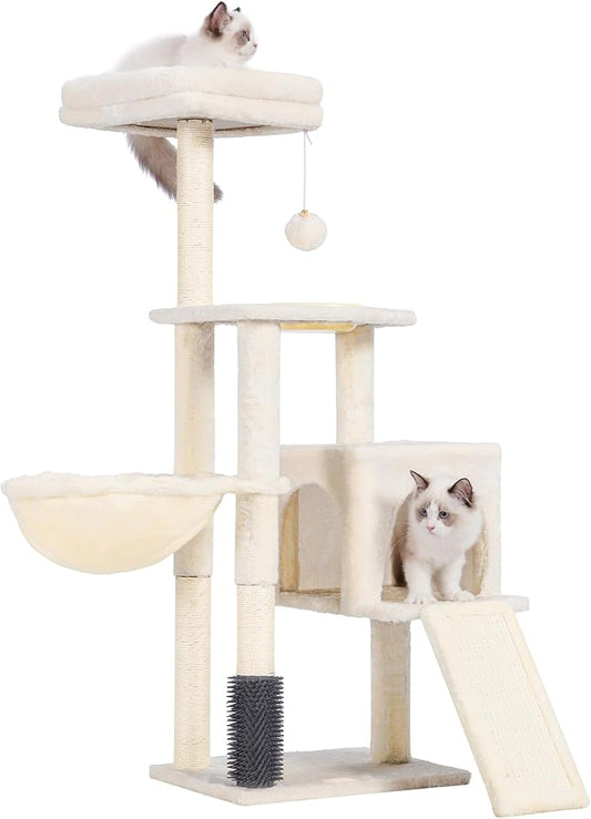 Heybly Cat Tree with Cat Self Groomer Brush, Cat Tower Condo for Indoor Cats with Padded Plush Perch, Cat House with Basket Scratching Board Post, Beige HCT005SM