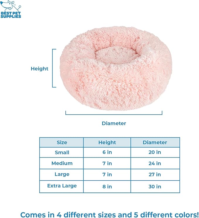 Best Pet Supplies Round Donut Dog Bed with Plush Faux Fur Fabric, Calming, Anti-Anxiety Cushion for Indoor Pets, Slip-Resistant Base, Soft Ergonomic Support - Pink, 20x20x6''