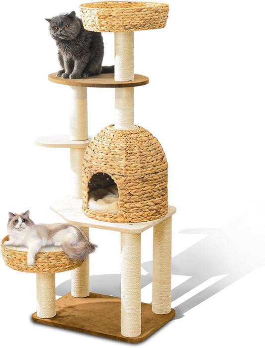 Large Wood Cat Tree Tower for Indoor Cats, Multi-Cats Scratching Post & Cat Condo with Handwoven Cat House Basket, Thick Sisal Posts, Modern Stable Cats Tower Furniture