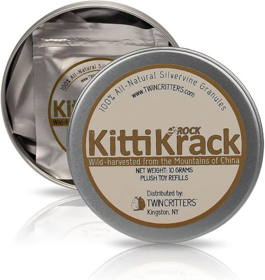 KittiKrack Rock Organic Silvervine Catnip Substitute for Cats & Kittens | All-Natural Wild Harvested Silvervine Granules | 4 Refills for TWINCRITTERS Refillable Plush Cat Toys | 10g