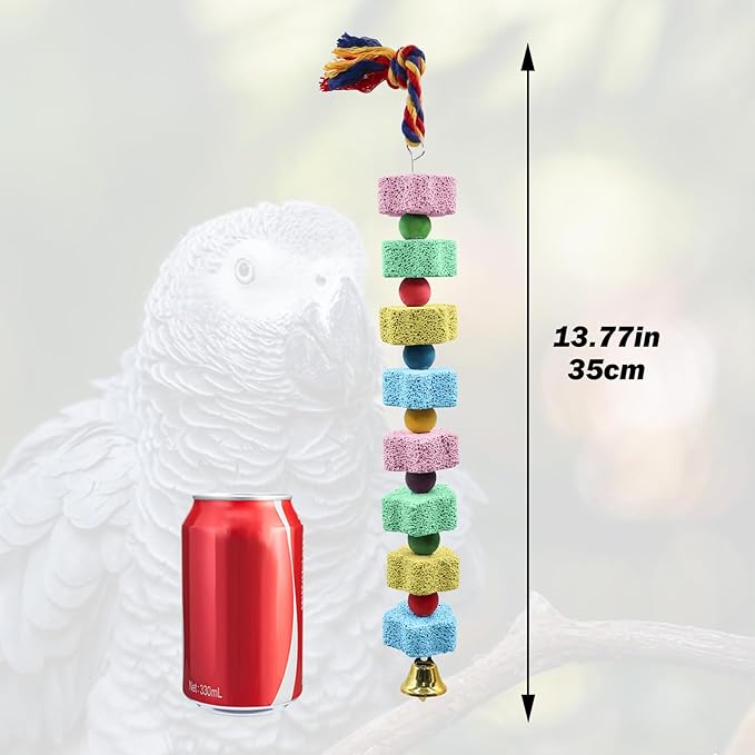 2 Pack Mineral Block Chew Toys with Colorful Beads and a Bell, Bird Beak Grinding Stone, Cage Accessories for African Grey, Budgies, Cockatiels, Small to Medium Birds
