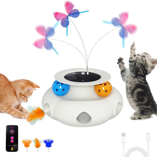 Interactive Cat Toys for Indoor Cats, 3in1 Rechargeable Pet Teaser Toy with Ambush Feather Wand, Fluttering Butterfly and Track Balls, Touch Activated Automatic Kitten Toys with Remote Control