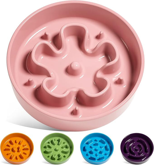 LE TAUCI Ceramic Slow Feeder Dog Bowls Small Breed, 0.6 Cups Dog Food Dish for Fast Eaters, Puzzle Bowl for Small Dogs and Cats,Pink Bloom
