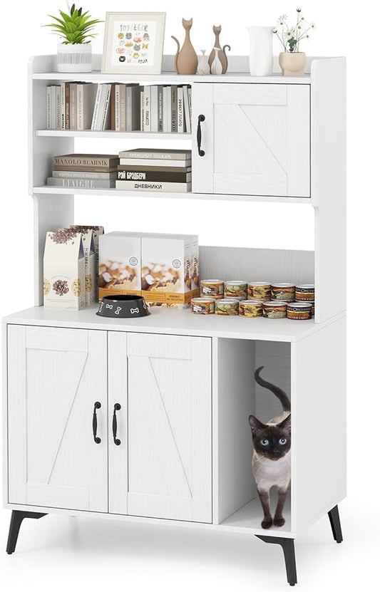 PETSITE Cat Litter Box Enclosure with Storage Shelf, 52 Inches Tall Modern Wooden Hidden Litter Box Furniture with Storage Shelving, Ideal for Indoor Cats (White)