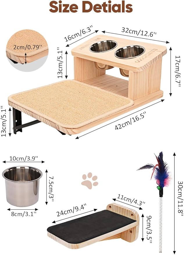 Cat Wall Shelves with 3 Cimbing Steps Wall-Mounted Cat Shelf Dogproof Feeding Bowls Station Cats Hammock and Perches for Wall Furniture Set Climber Scratching Post