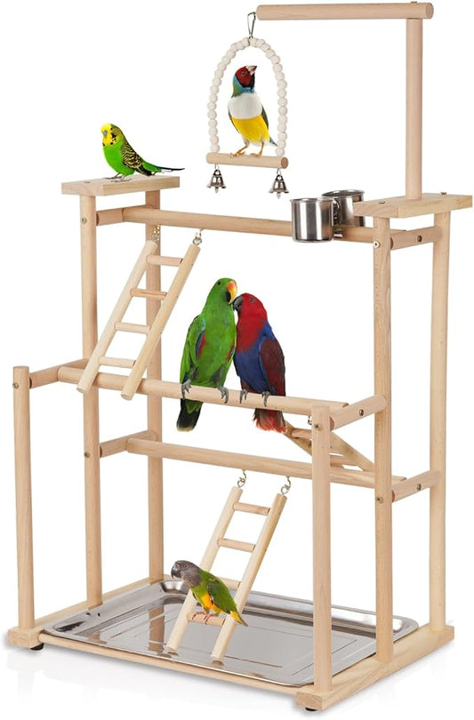 Pet Parrot Playstand Parrots Bird Playground Bird Play Stand Wood Perch Gym Playpen Ladder with Feeder Cups Bells for Cockatiel Parakeet (3 Layers)