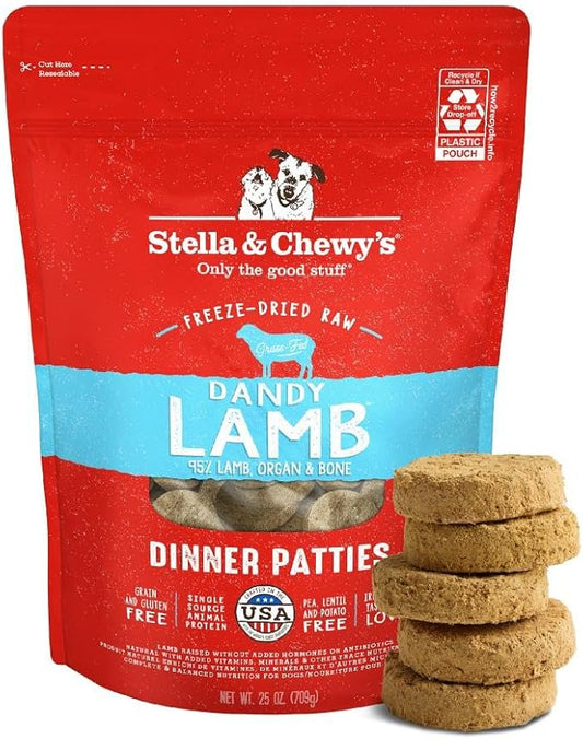 Stella & Chewy's Freeze-Dried Raw Dinner Patties - Dandy Lamb Recipe - High Protein Grain-Free Puppy & Dog Food - Perfect For Picky Eaters - 25 oz