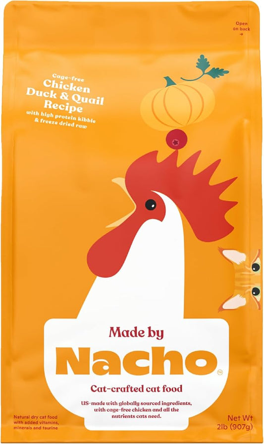 Made by Nacho Dry Cat Kibble 2lb Bag, High Protein Premium Cat Food with Freeze-Dried Pieces, Cage-Free Chicken, Duck & Quail, Limited Ingredients, Single Bag