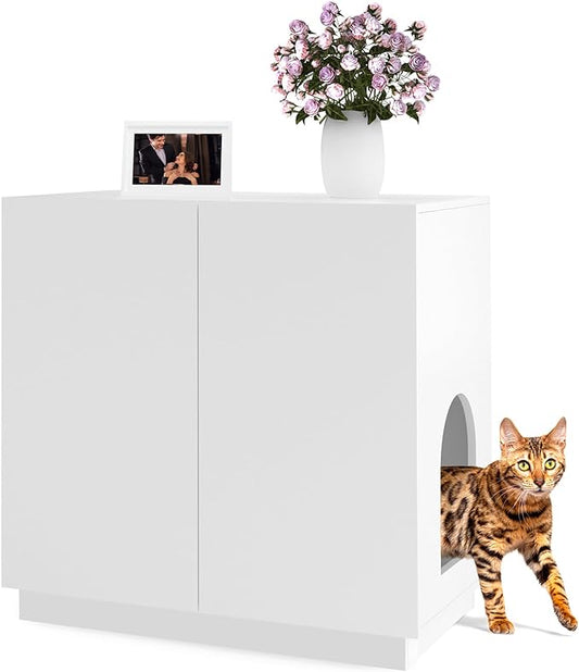 Large/Tall Litter Box Enclosure, Modern Wooden Litter Box Furniture for XL Litterbox with Hidden Storage as Sideboard Cabinet (White)