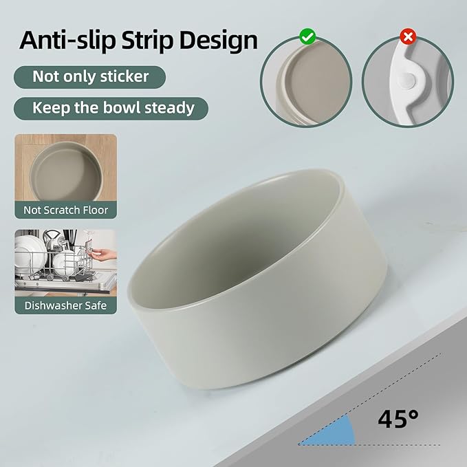 Ceramic Raised Double Bowls Set with Stand, 2 Heights Elevated, Food & Water Bowls for Small Breed Dogs, Cats, Kitty, Weighted Dog Dishes, Pet Bowls(5.1'',13.5oz, Grey)