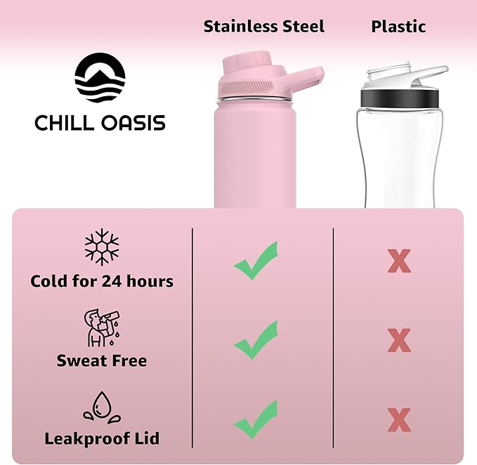 Chill Oasis Water Bottle | Compatible With Popular Flavor Cartridges | BPA Free, Leak Proof, Double-Walled Vacuum Insulated Stainless Steel, and Dishwasher Safe | Cold for 24 Hours (Pink, 32oz)