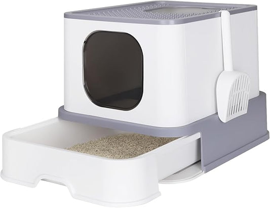 RIZZARI Large Enclosed Cat Litter Box : Covered Leak-Proof Reduces Odor - for Indoor Use Cat Owners (Light Gray)