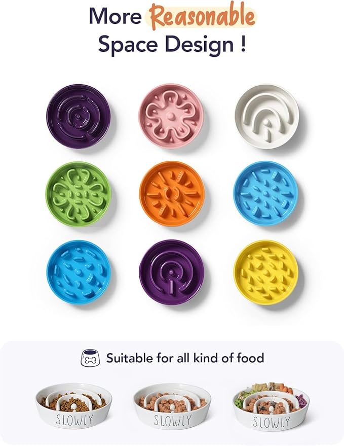 Ceramic Slow Feeder Dog Bowls Small Breed, 0.6 Cups Dog Food Dish for Fast Eaters, Puzzle Bowl for Small Dogs and Cats,White