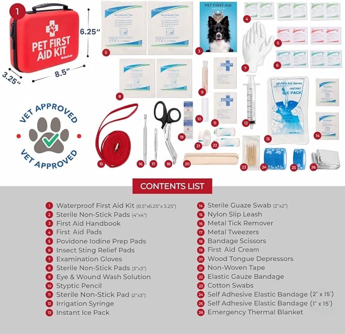 Dog First Aid Kit 2-Pack – Vet-Approved Pet First Aid Supplies for Dogs & Cats in Emergencies – Pet First Aid Guide, Tick Remover, Slip Leash & Medical Essentials for Home, Camping, Car, Travel