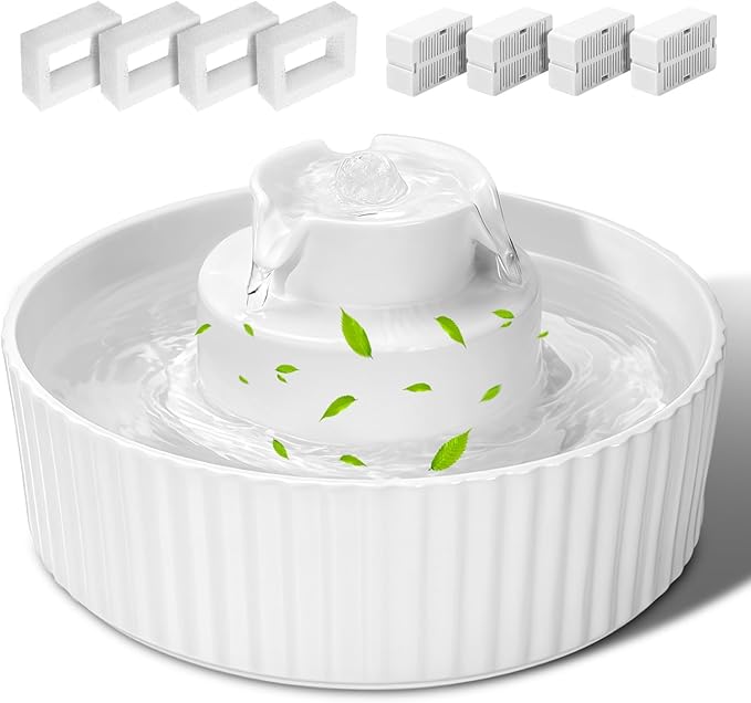 Ceramic Cat Water Fountain, 2.1L/70oz Porcelain Pet Drinking Dispenser with 4 Set Replacement Filter & Sponge, Automatic Dog Water Bowl with Ultra-Quiet Pump, Cat Feeding Watering Supplies(White)