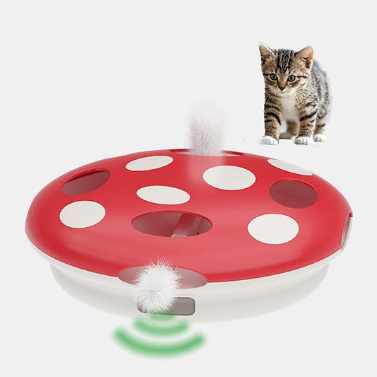 Interactive Cat Toy Automatic Mushroom - Whack-a-Mole Game with Rotating Feathers for Indoor Cats, Hide & Seek Rechargeable Toys Boredom Relief Adult Kittens, Safe Chew Proof Design (Red)