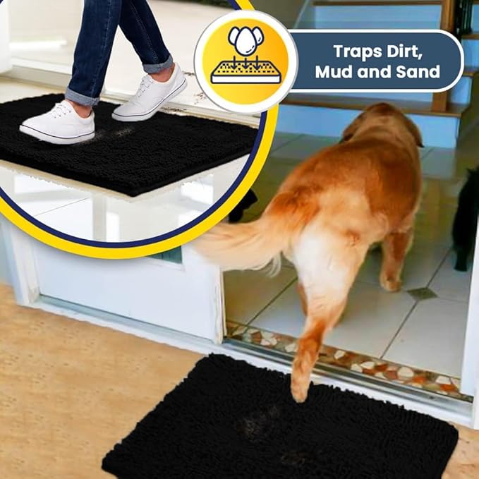 Muddy Mat® AS-SEEN-ON-TV Highly Absorbent Microfiber Door Mat and Pet Rug, Non Slip Thick Washable Area and Bath Mat Soft Chenille for Kitchen Bathroom Bedroom Indoor and Outdoor - Black XXL 60"X48"