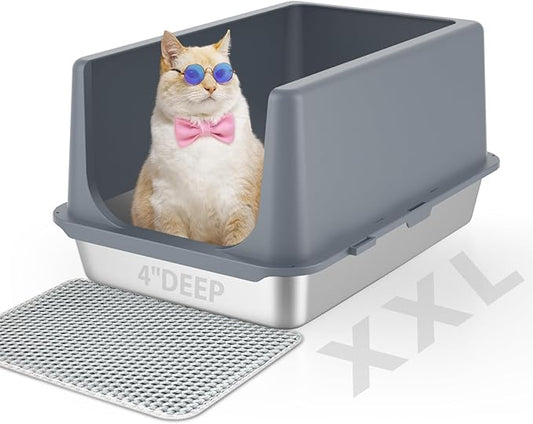 LIHONG Stainless Steel Litter Box with Lid, XL Metal Cat Litter Tray for Indoor Cats, Enclosure Cat Litter Pan for Large Cats, Non-Sticky Large Kitty Litter Box, Anti-Leakage, 23.5" X 15.6" X 12"