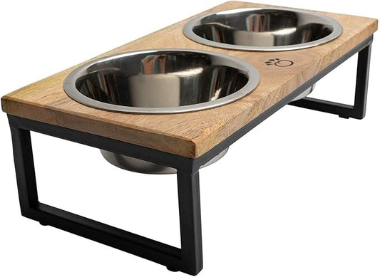 Mango Wood Dog Bowl Stand - Elevated Pet Feeder with 2 Stainless Steel Bowls - Raised Food and Water Dish Set for Dogs and Cats, Available in 4 Sizes, Pet Dining Station, Small/10oz
