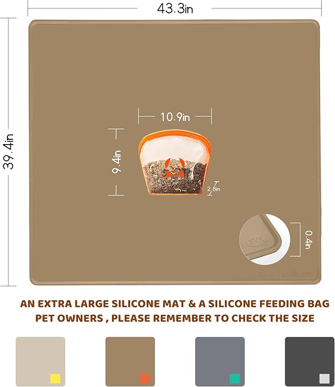 KVK Extra Extra Large Silicone Dog Food Mat 39.4×43.3in and 128oz Silicone Bag Set, Super Size Waterproof Pet Feeding Mat & Container, Non-Slip, Chew-Resistant Floor Protection (Taupe&Orange)