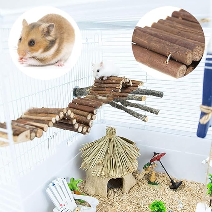PINVNBY 2 PCS Hamster Toys, Wooden Hamster Ladder Bridge Tunnel Hide, Guinea Pigs Cage Accessories for Chinchillas Guinea Pigs Mouse Rat Ferre, Rodents Natural Hideout for Small Animals