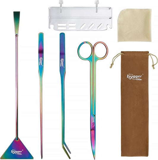 hygger 6-in-1 Long Aquarium Aquascaping Tools Kit, Color Stainless Steel Premium Aquatic Plant Tweezers Scissors Spatula Kit Comes with 1 Tool Holder and 1 Cleaning Cloth, for Fish Tank Starters