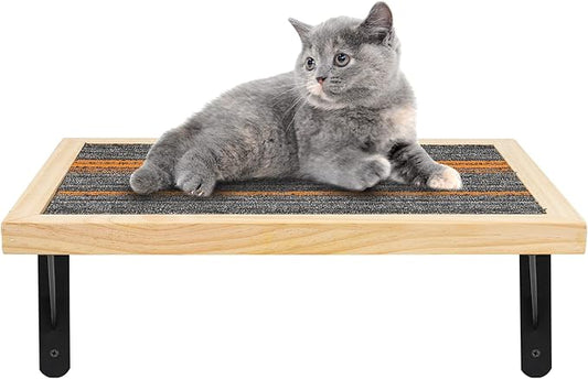 Handcrafted Wood Cat Perch & Shelves - Floating Shelf with Cat Hammock Seat, Lounge Bed, Climbing Steps for Relaxing, Playing and Scratching