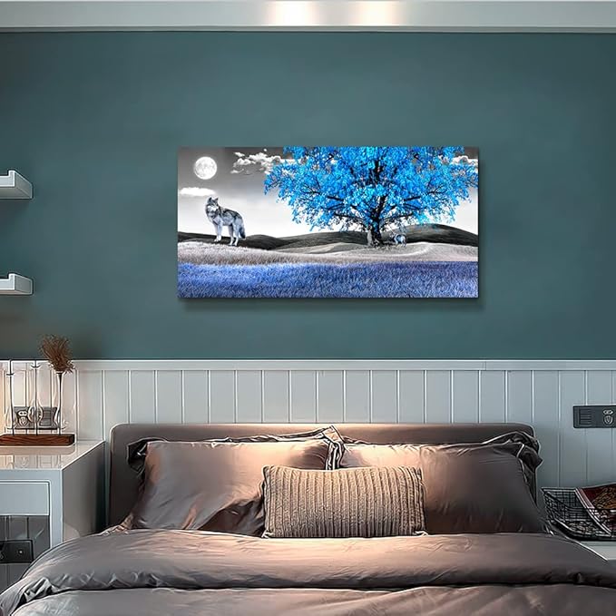Canvas Wall Art For Living Room Family Wall Decor For Bedroom Modern Office Decorations Blue Tree Wall Pictures Artwork Black And White Scenery Paintings Room Canvas Art Prints Home Decor 20" X 40"