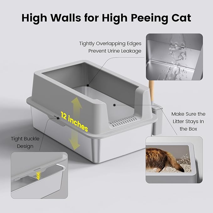 2 Pack Stainless Steel Cat Litter Box - Enclosed XL Metal Kitty Litter Box with Lid for Big Cats, High Sided, Anti-Leakage, Easy Cleaning, Non-Sticky, Included Cat Litter Spoon