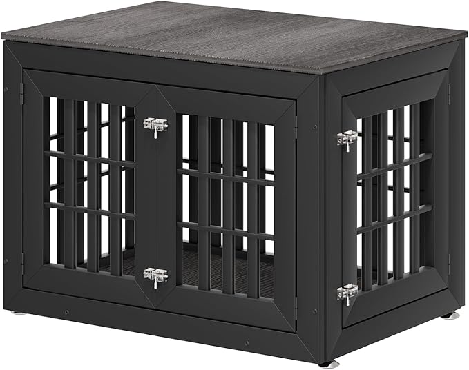 38" Heavy Duty Dog Crate Furniture for Small,Medium and Large Dogs,Rustic Wooden Dog Cage Kennel Indoor Furniture with Waterproof Top,Decorative Pet House Side End Table (Black & Grey)