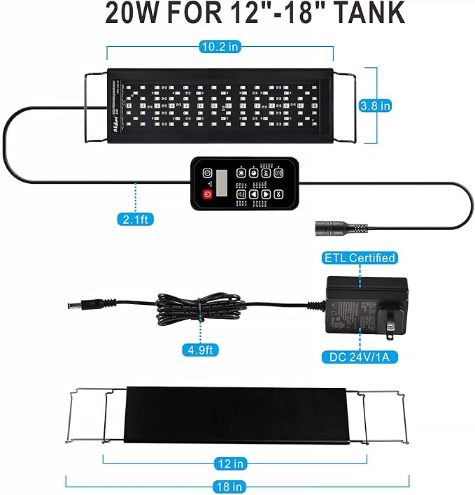 Advanced 7-Row LED Aquarium Light, Easy Setup Controller, Auto On Off Full Spectrum Fish Tank Light, 24/7 Lighting Cycle, 8 Colors, 10 Level Dimming, 20W for 12"-18" Freshwater Planted Tank