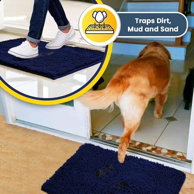 Muddy Mat® Pack of 3 Highly Absorbent Microfiber Dog Door Mat and Pet Rug, Non Slip Thick Washable Area Mat Soft Chenille for Kitchen Bathroom Bedroom and Outdoor - Navy Blue Small, Medium & Large