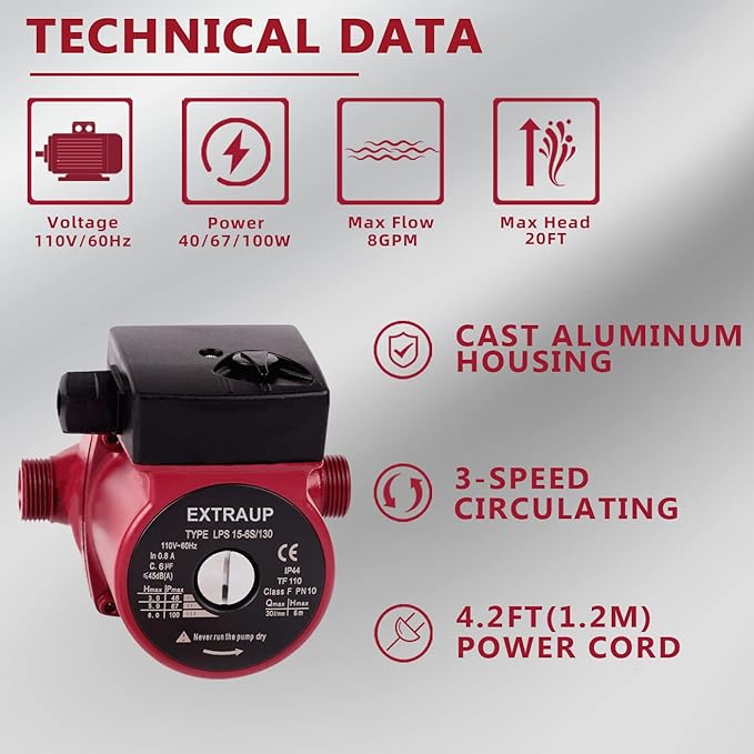 3/4 NPT 110V Hot Water 3-Speed Cast Iron Circulation Pump Circulator Pump